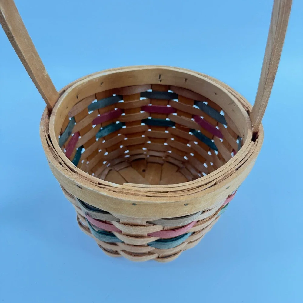 Vintage Woven Wood‎ Basket Small Tan Green Red Farmhouse Decor Handle Easter